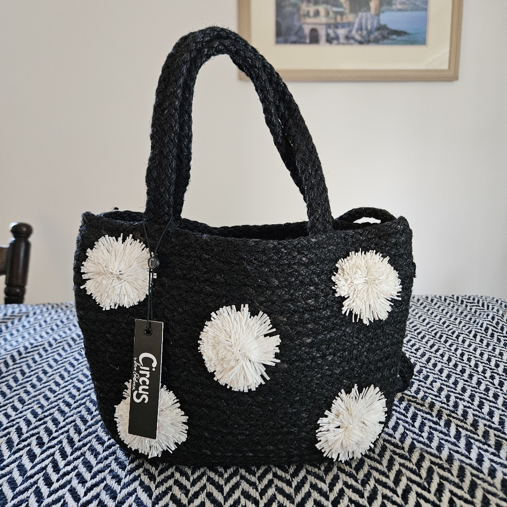 NEW Circus by Sam Edelman Black Jute Crossbody Purse w/ White Pompoms